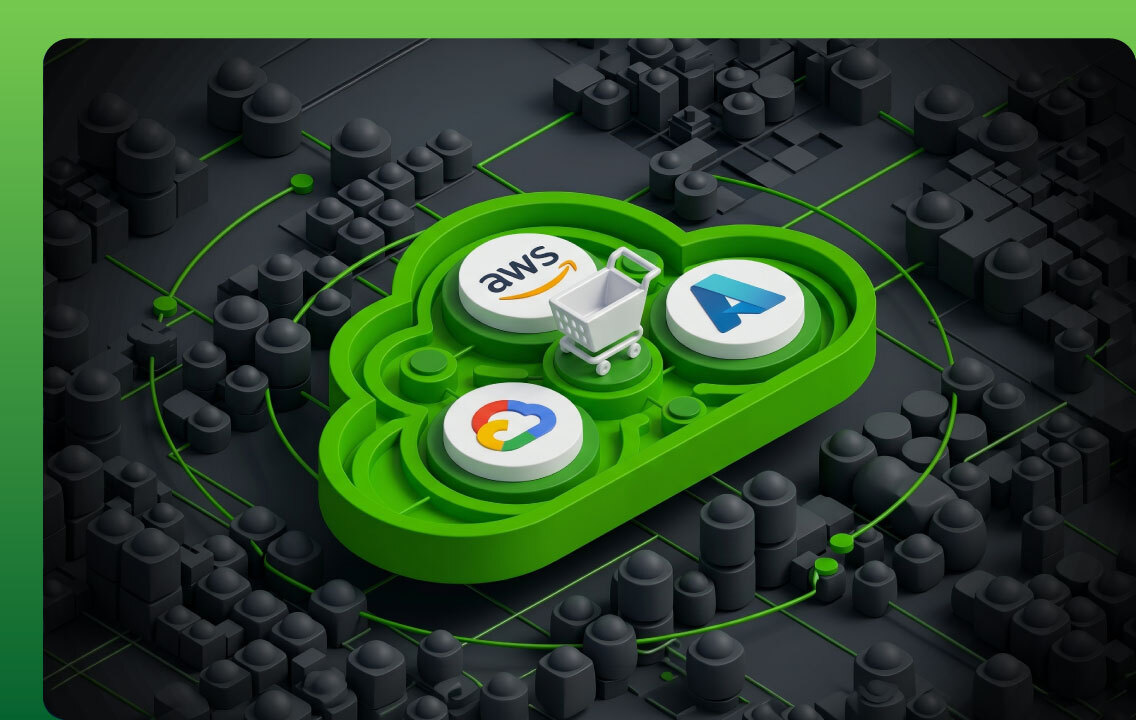 Conceptual illustration of a cloud marketplace fulfillment control plane. A stylized cloud infrastructure mesh maps application delivery workflows out to three distinct cloud ecosystem entry points: the AWS Marketplace, Microsoft Azure, and Google Cloud Marketplace logos.
